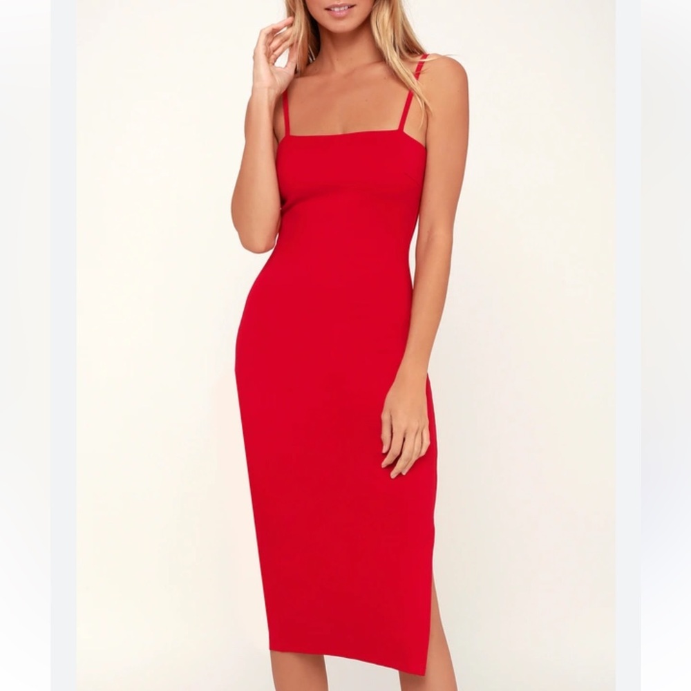 Lulus Red Bodycon Midi Dress Square Neck Romantic Cocktail Date Slit Side Size L